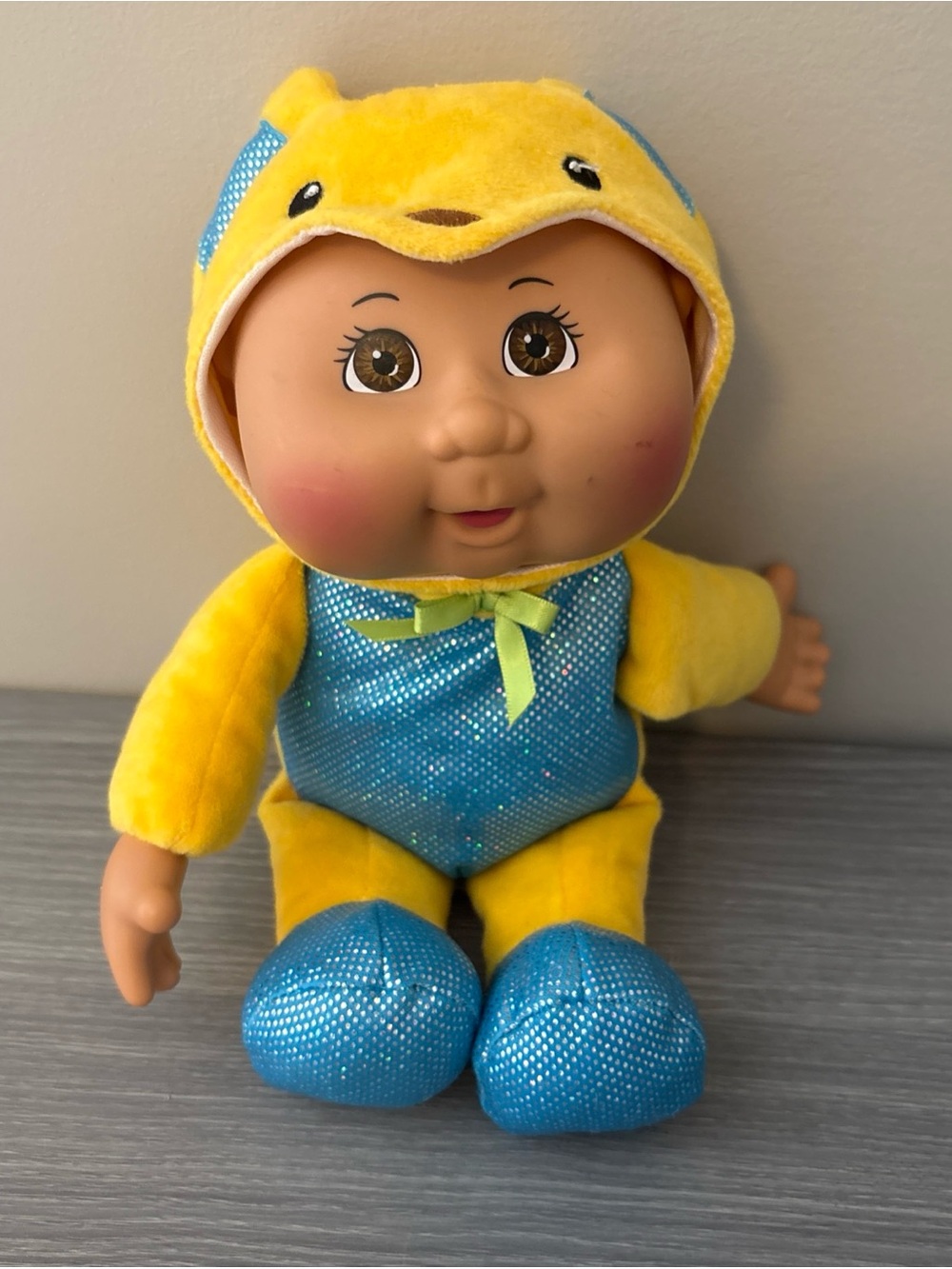 Soft Plush Baby Doll in Yellow and Blue Sparkle Outfit
